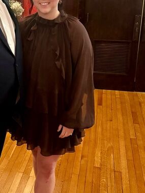 Brown Long-Sleeve Ruffle Mini Dress